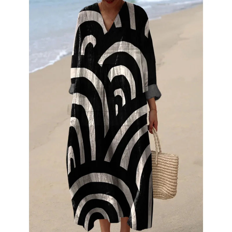 Dames Kleurblok Jurk V-Hals Zacht Ademend Casual Jurken 19