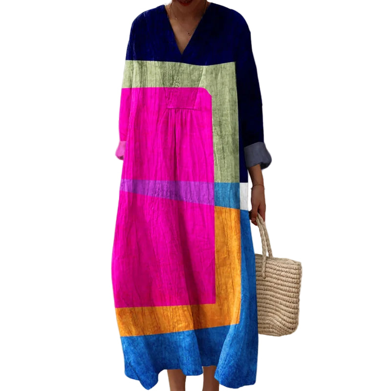 Dames Kleurblok Jurk V-Hals Zacht Ademend Casual Jurken 24