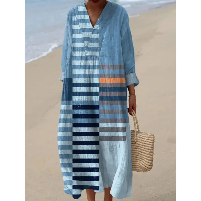 Dames Kleurblok Jurk V-Hals Zacht Ademend Casual Jurken 25