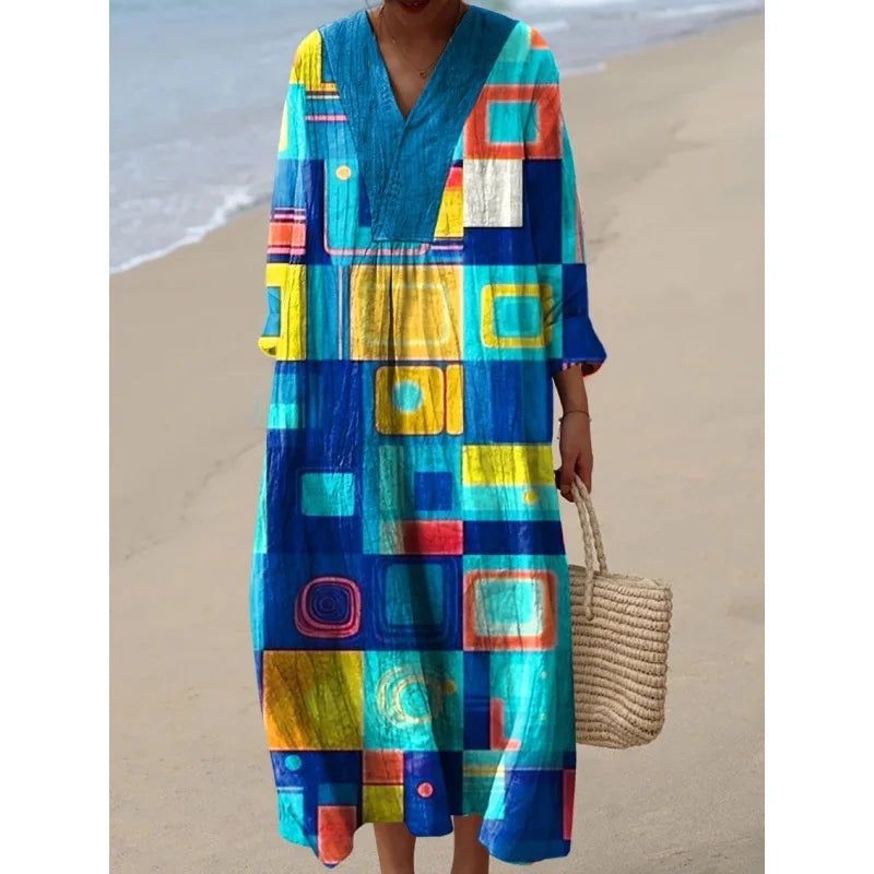 Dames Kleurblok Jurk V-Hals Zacht Ademend Casual Jurken 6