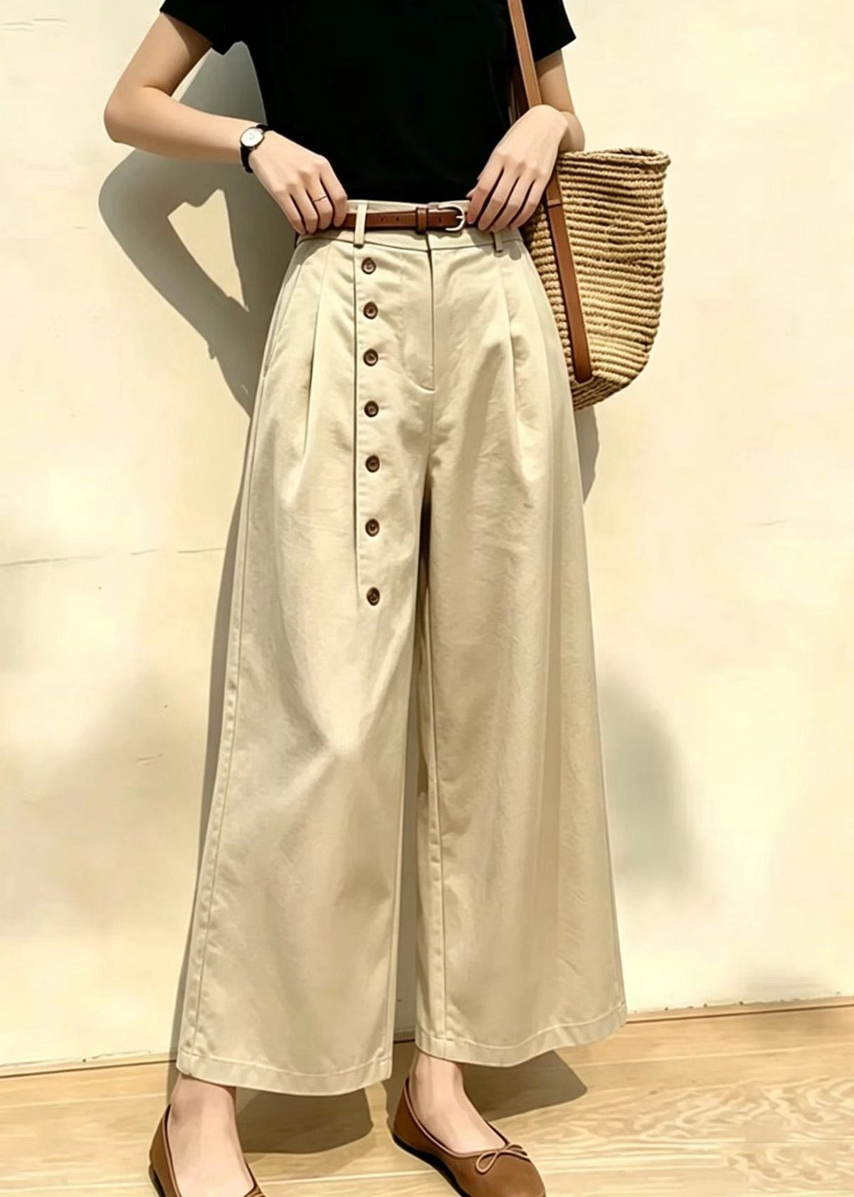Dames Korte Broek Hoge Taille Met Wijde Pijpen En Zijknopen 1