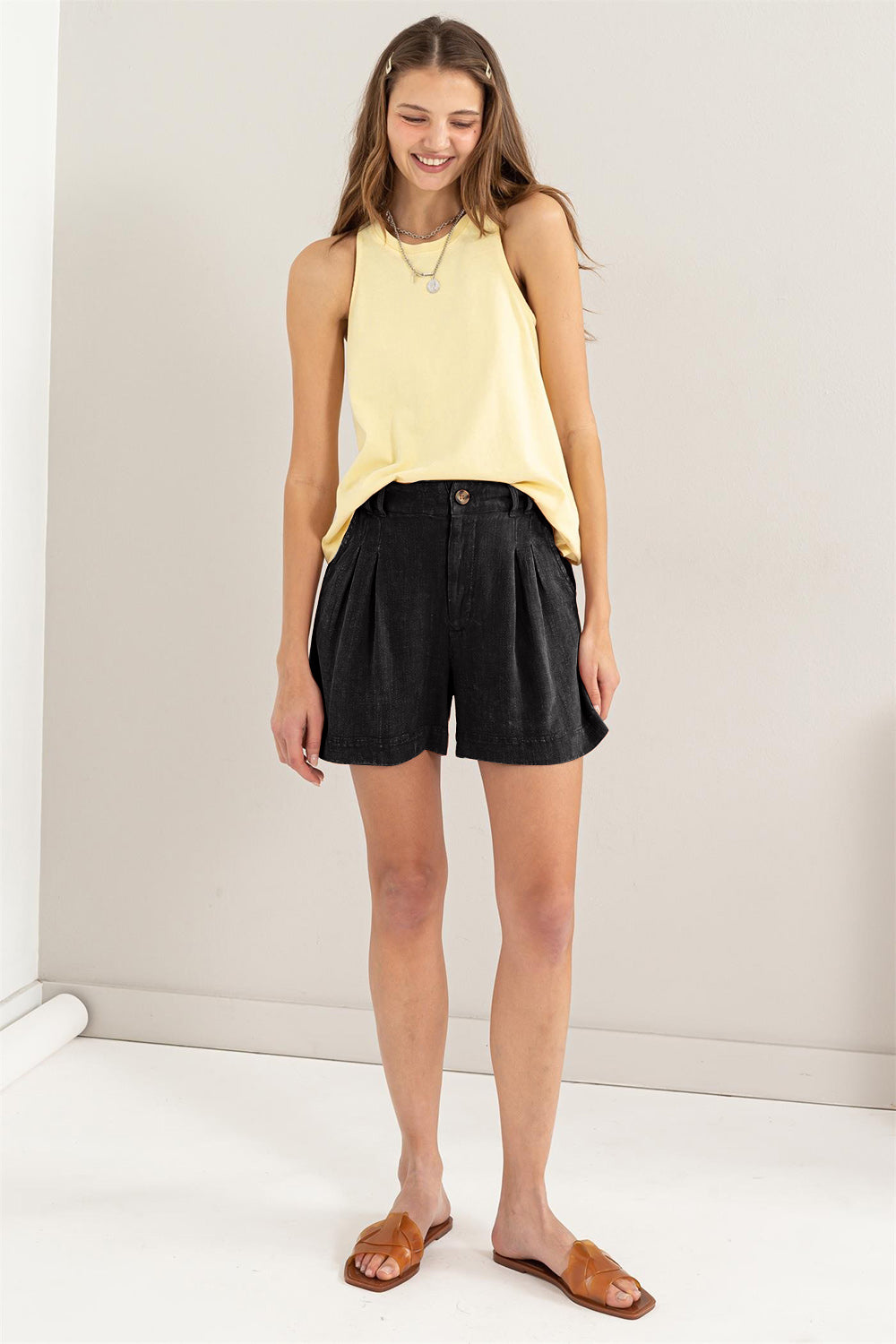 Dames Korte Broek Hoge Taille Plooien Linnen 3