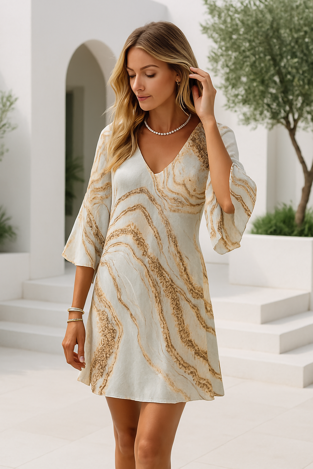 Dames Korte Jurk V-hals Marmerprint 1