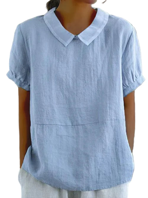 Dames Korte Mouwen Blouse met Bubikragen van Linnen 0