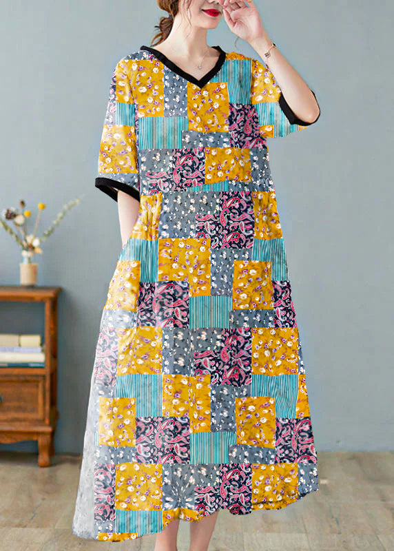 Dames Korte Mouwen V-Hals Linnen Jurk 8