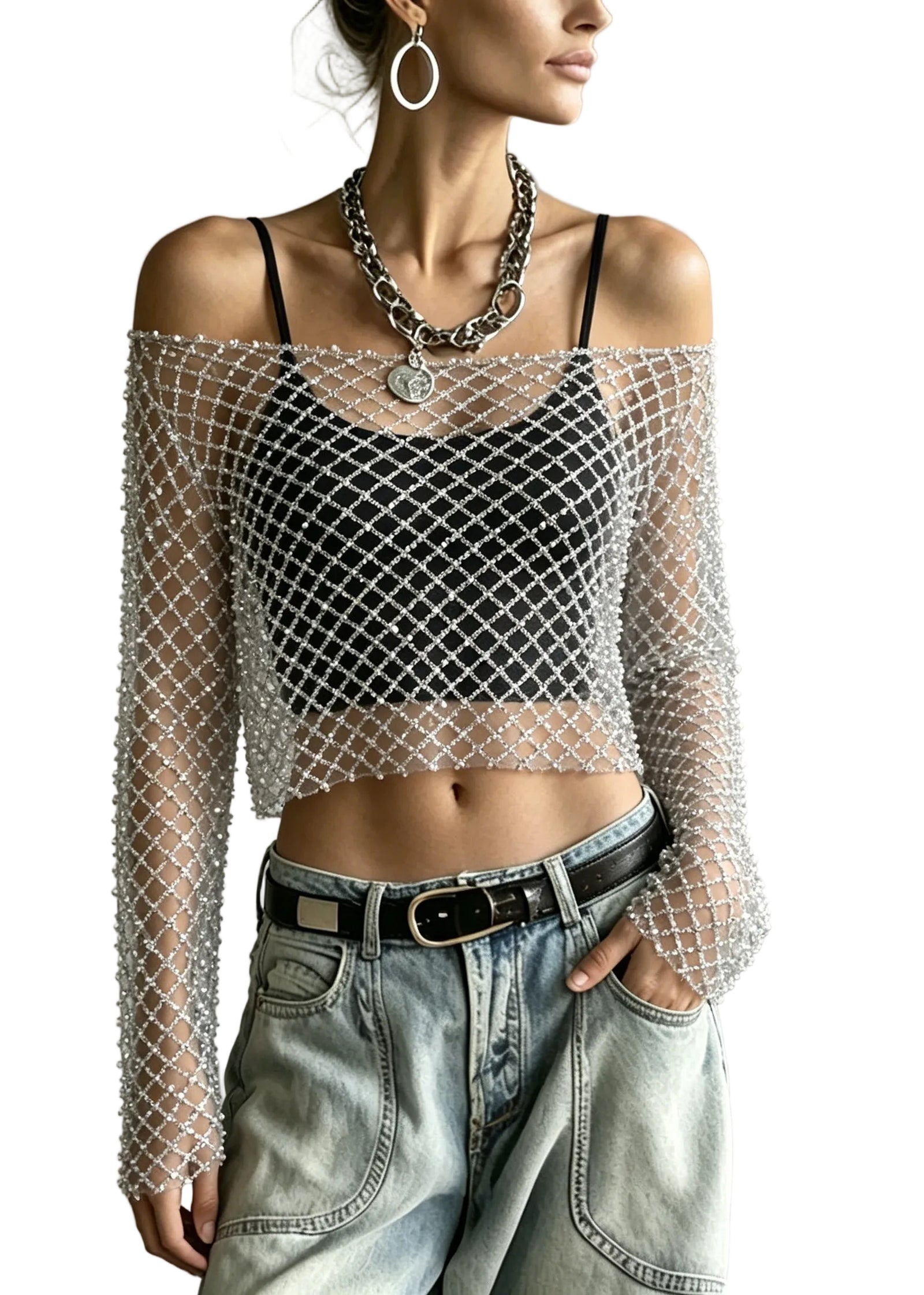 Dames Korte Top Tule Met Nagelkralen Zomerstijl 0