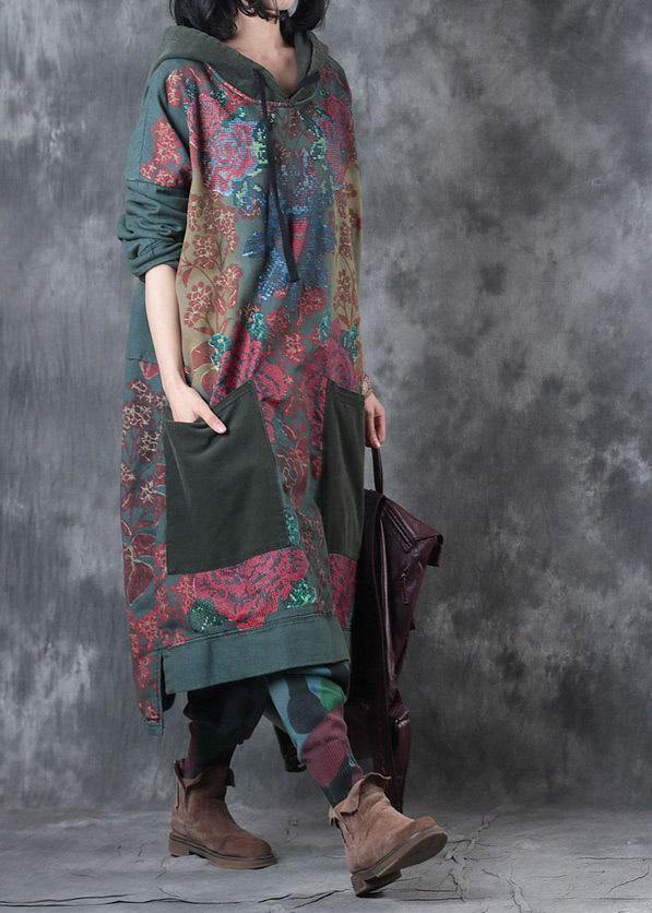 Dames Kunst Jurk met Kap en Treksnoer in Groene Print 3