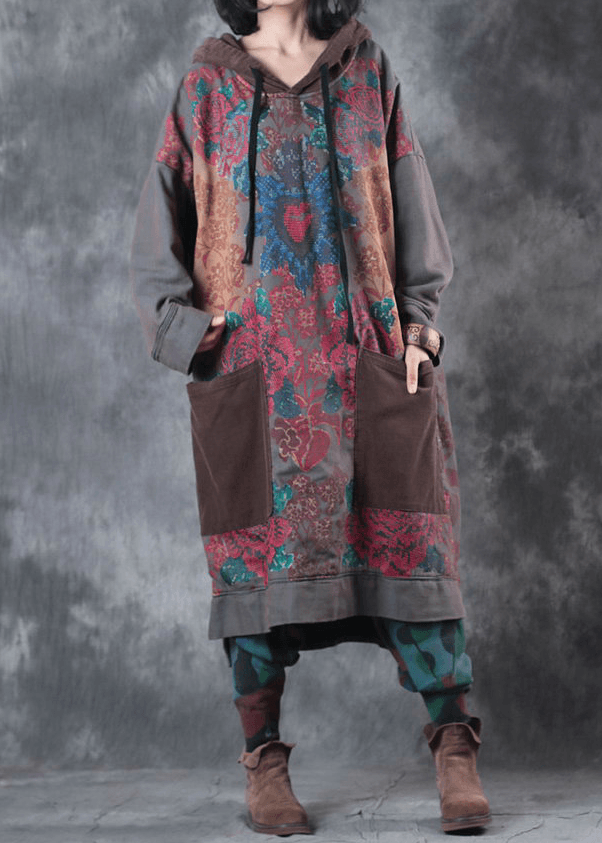 Dames Kunst Jurk met Kap en Treksnoer in Groene Print 4