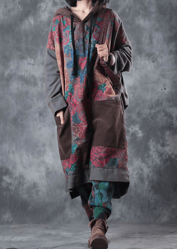 Dames Kunst Jurk met Kap en Treksnoer in Groene Print 5