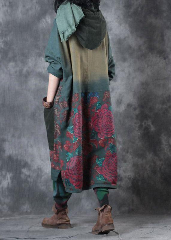 Dames Kunst Jurk met Kap en Treksnoer in Groene Print 6