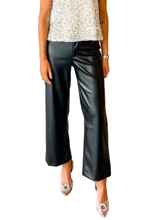 Dames Kunstleren Broek met Rechte Pijpen en Knoopsluiting 0