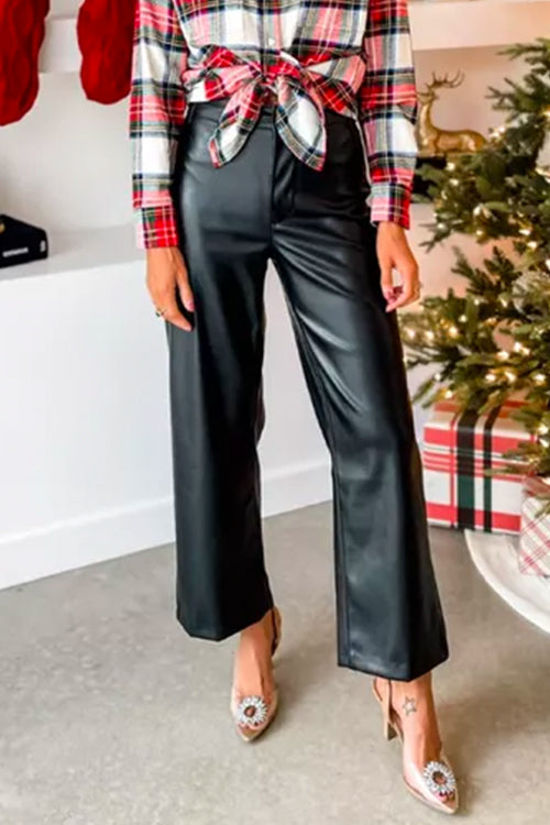 Dames Kunstleren Broek met Rechte Pijpen en Knoopsluiting 1