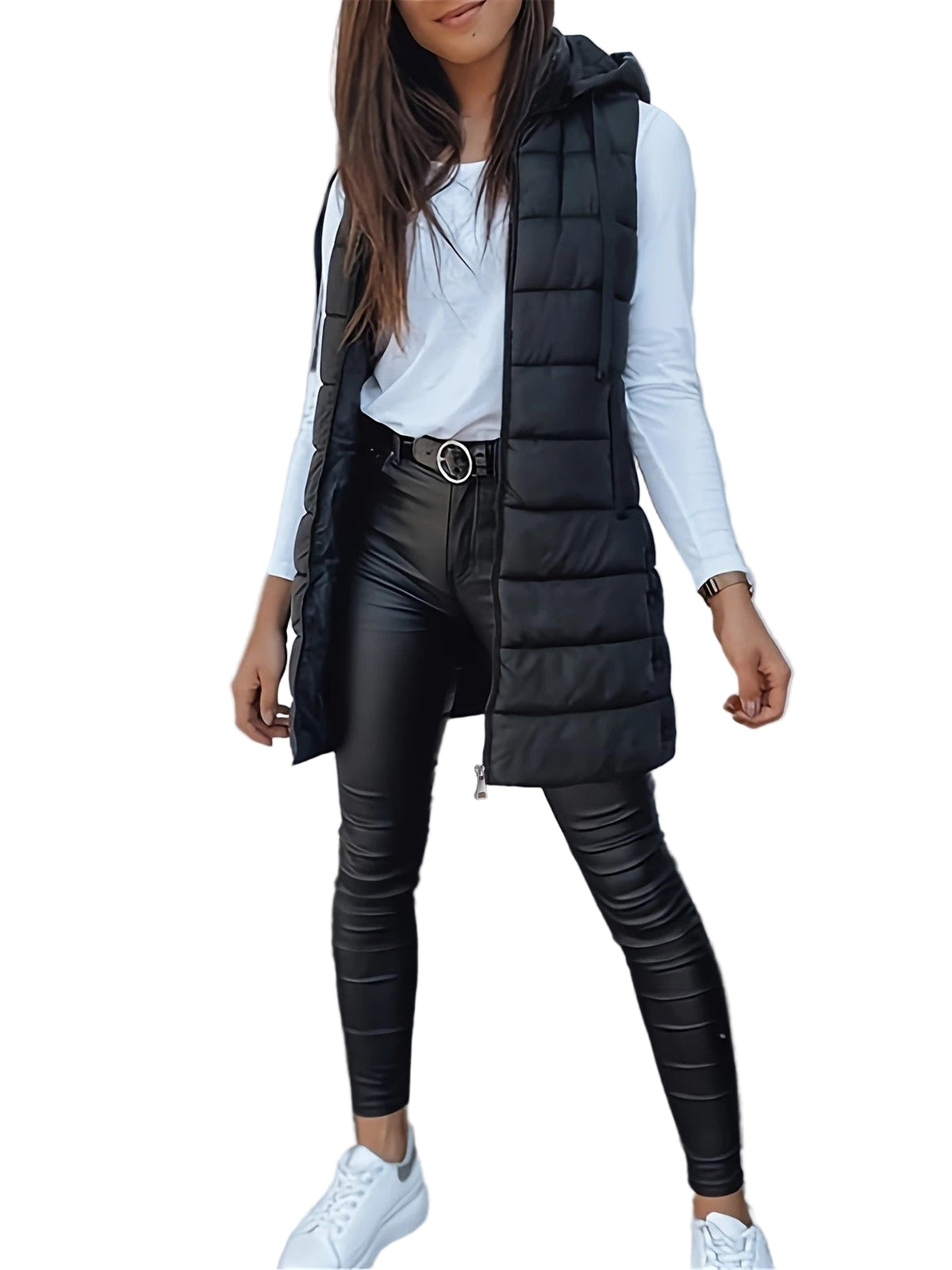 Dames Lange Bodywarmer Met Capuchon Gewatteerd Oversized 0