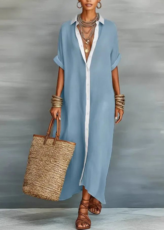 Dames Lange Boho Jurk met Peter Pan Kraag en Patchwork 1
