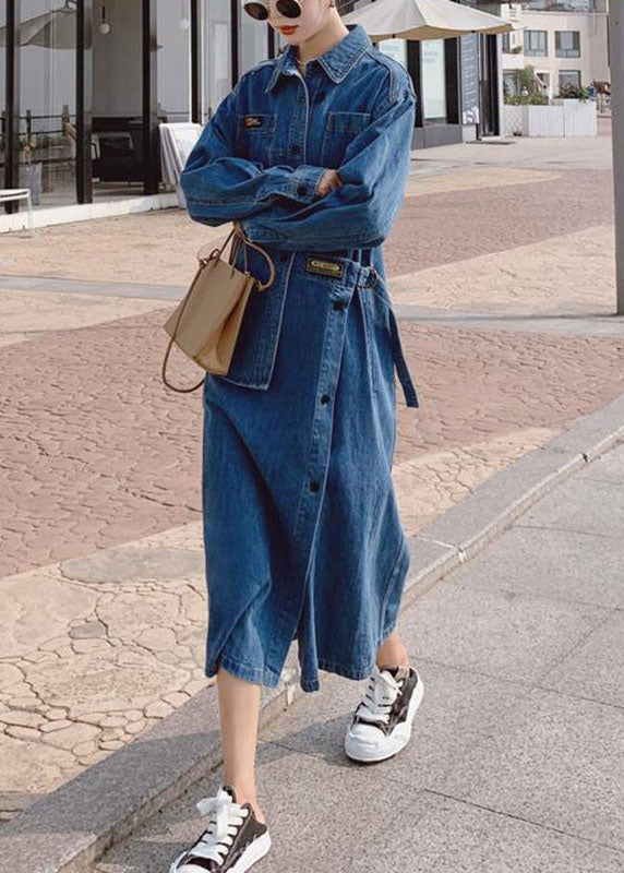 Dames Lange Denim Jurk met Asymmetrisch Ontwerp en Knopen 1