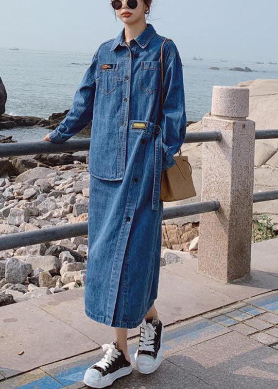 Dames Lange Denim Jurk met Asymmetrisch Ontwerp en Knopen 2