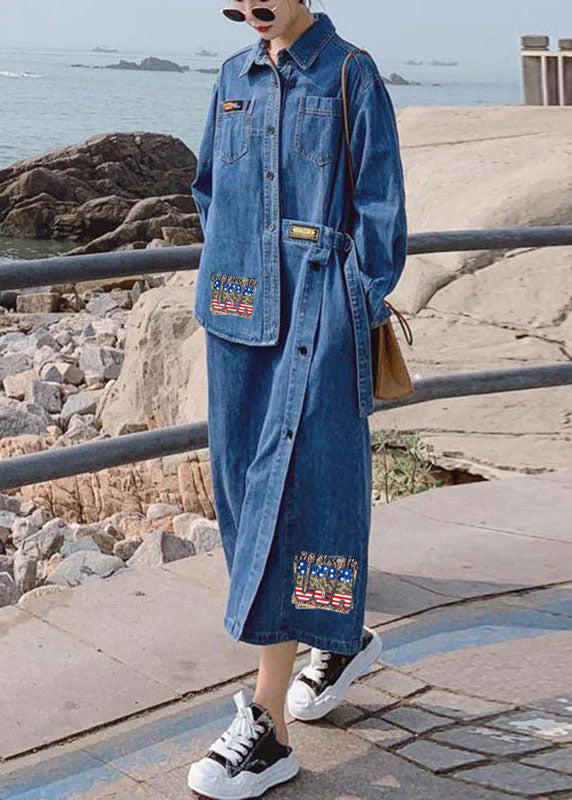 Dames Lange Denim Jurk met Asymmetrisch Ontwerp en Knopen 7