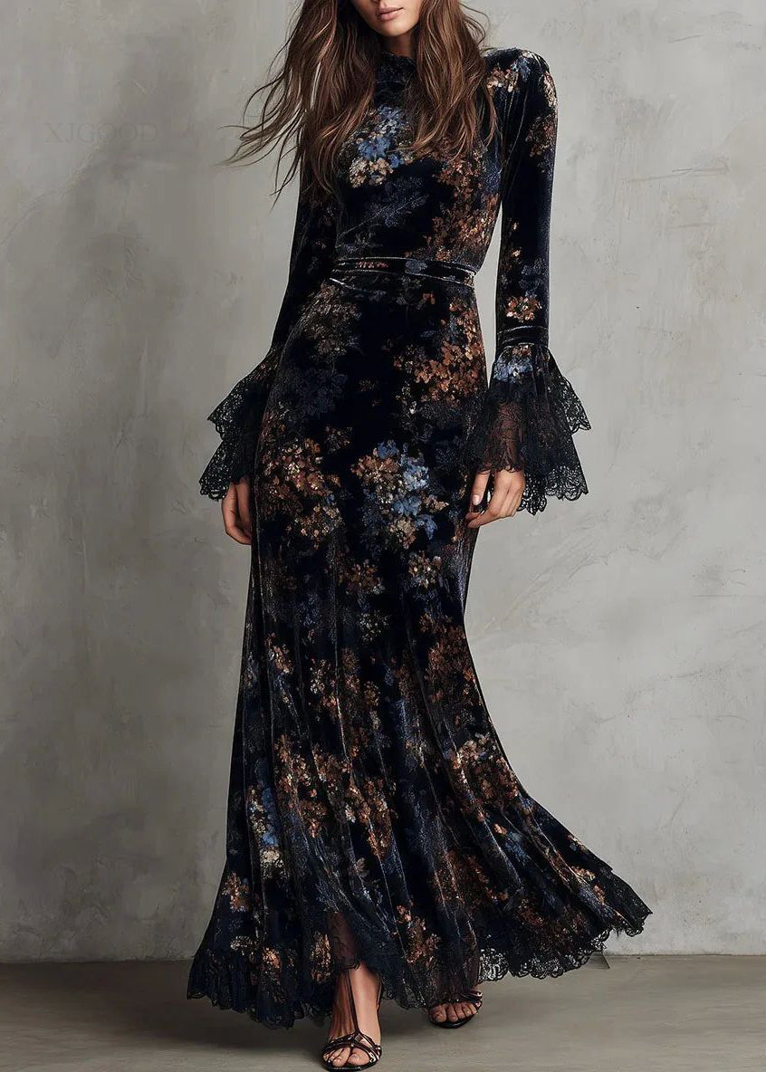 Dames Lange Jurk Chinese Stijl Met Blauwe Print 1