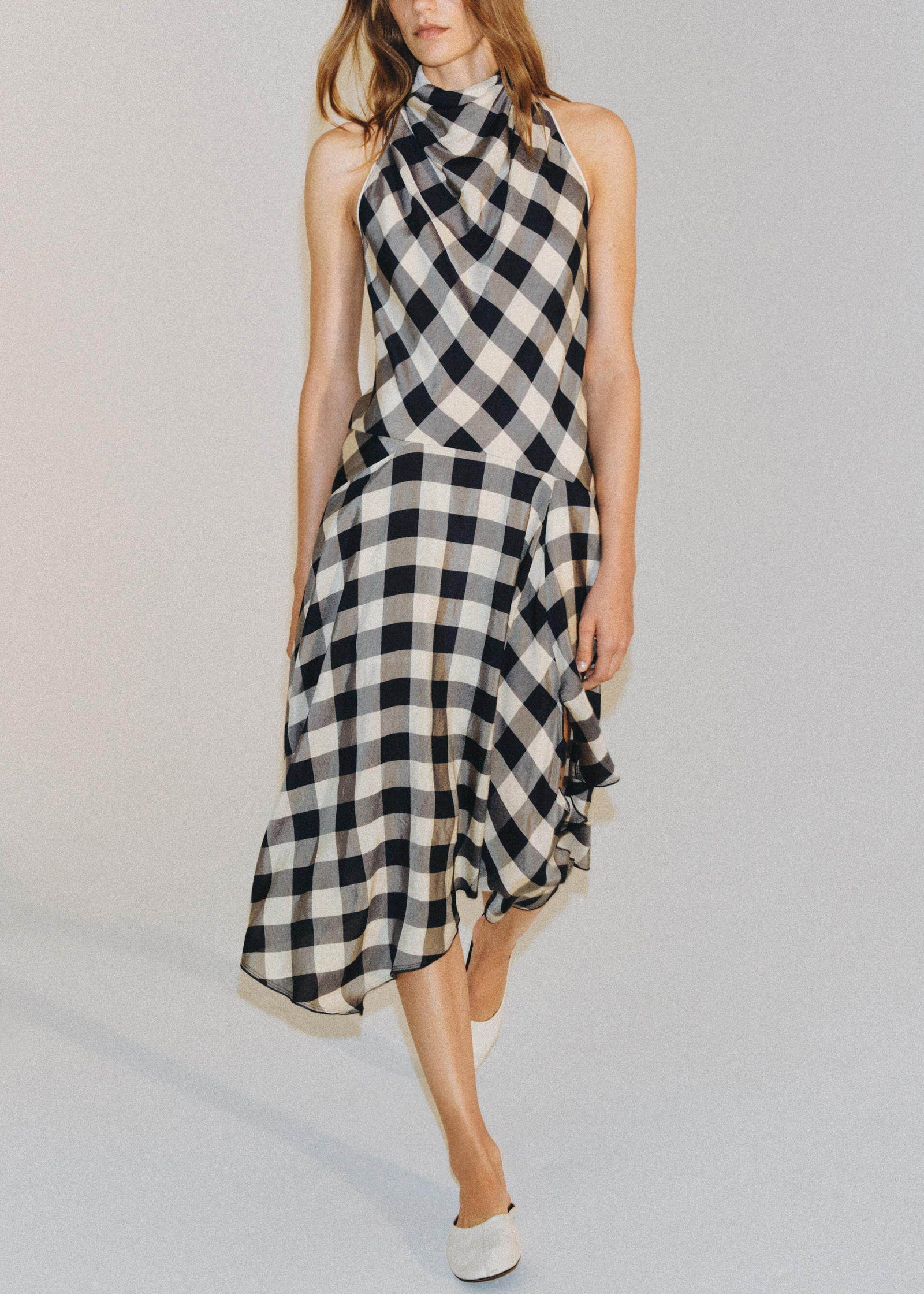 Dames Lange Jurk Geruit Asymmetrisch Model 0