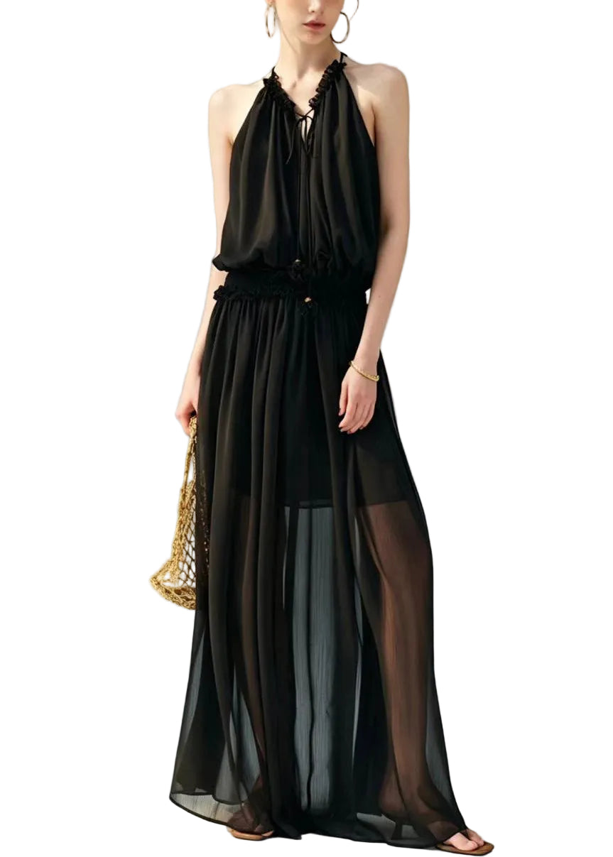 Dames Lange Jurk Halter Koude Schouder Zomerjurk 0