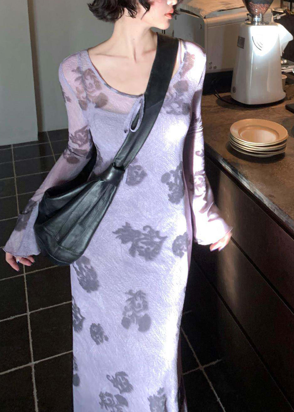 Dames Lange Jurk Tweedelige Set O-hals Print Tule 2