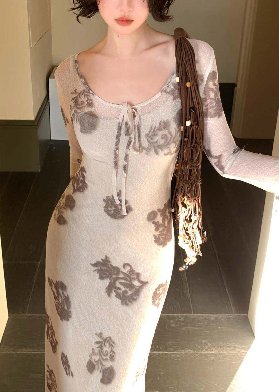 Dames Lange Jurk Tweedelige Set O-hals Print Tule 3