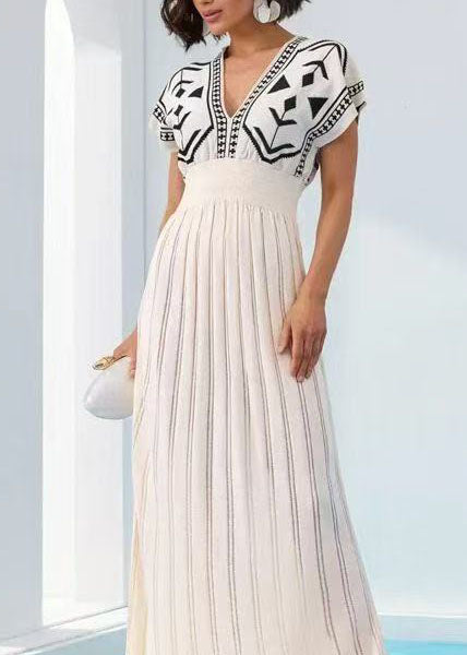 Dames Lange Jurk V-hals Gebreid Met Print Korte Mouwen 4