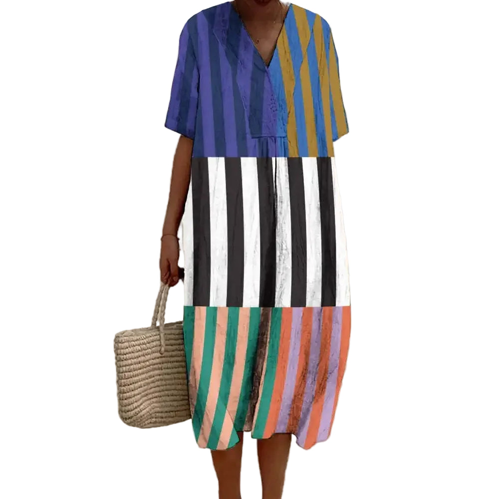 Dames Lange Jurk V-hals Korte Mouwen Gestreept Kleurblok Polyester 0