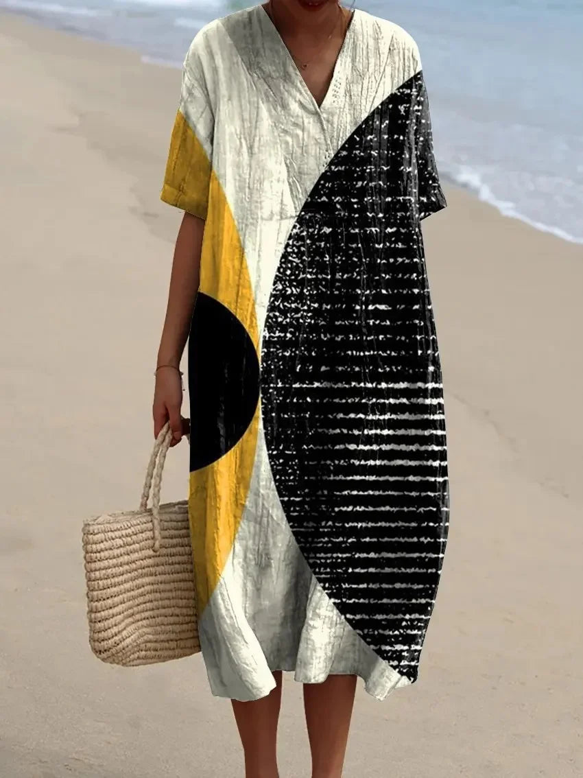 Dames Lange Jurk V-hals Korte Mouwen Gestreept Kleurblok Polyester 10