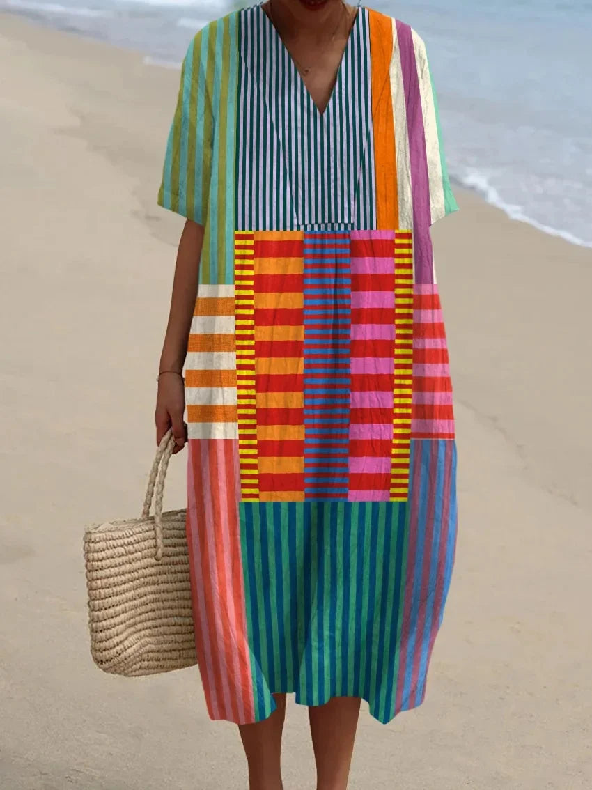 Dames Lange Jurk V-hals Korte Mouwen Gestreept Kleurblok Polyester 11