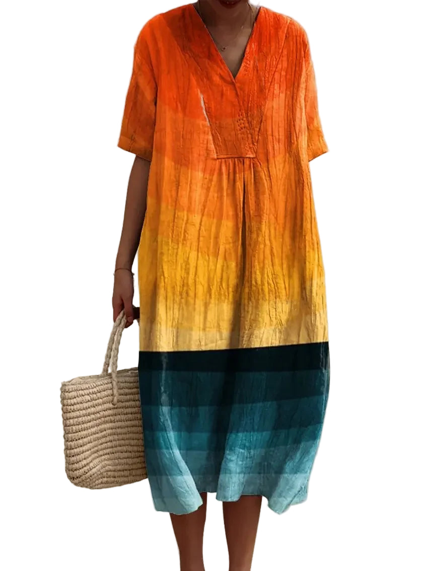 Dames Lange Jurk V-hals Korte Mouwen Gestreept Kleurblok Polyester 14