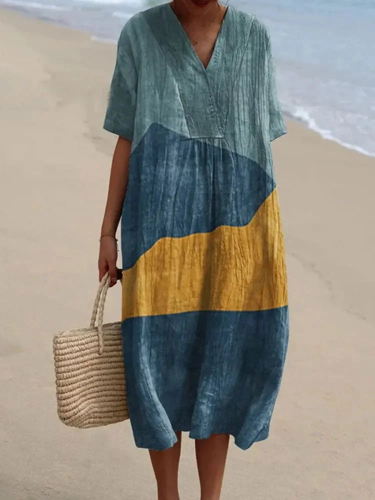 Dames Lange Jurk V-hals Korte Mouwen Gestreept Kleurblok Polyester 15