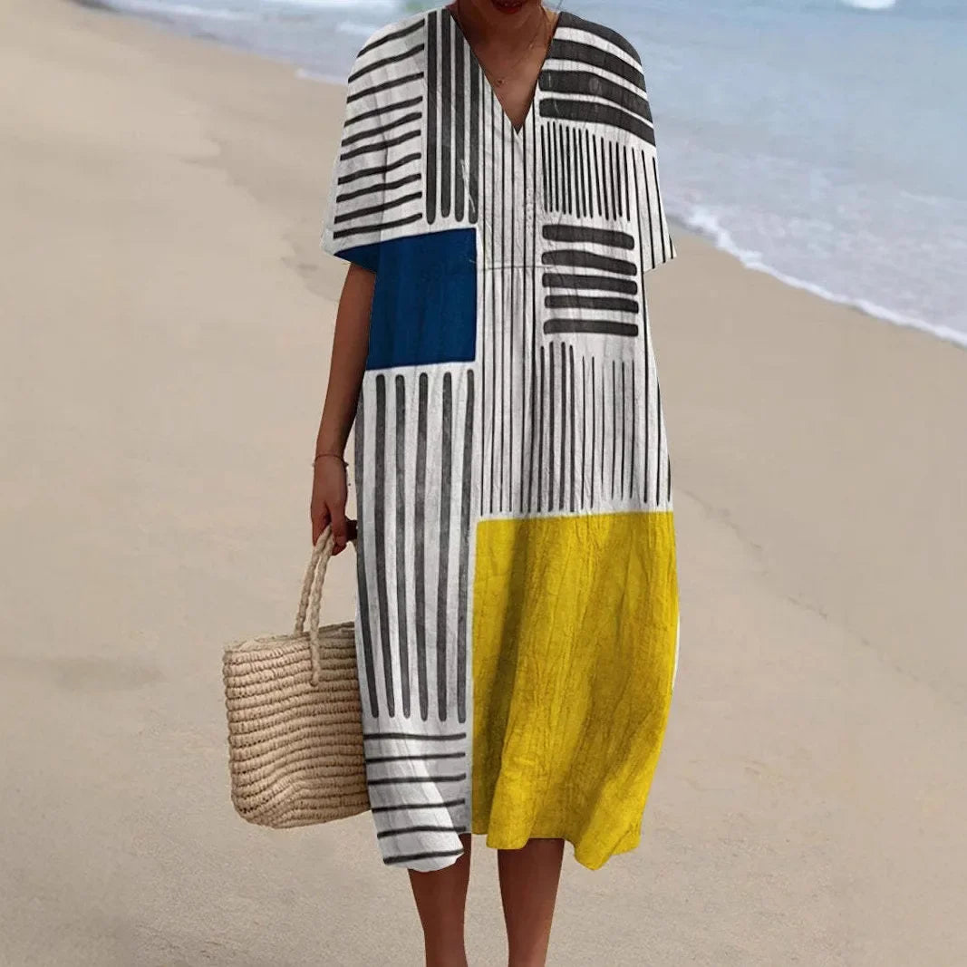 Dames Lange Jurk V-hals Korte Mouwen Gestreept Kleurblok Polyester 2