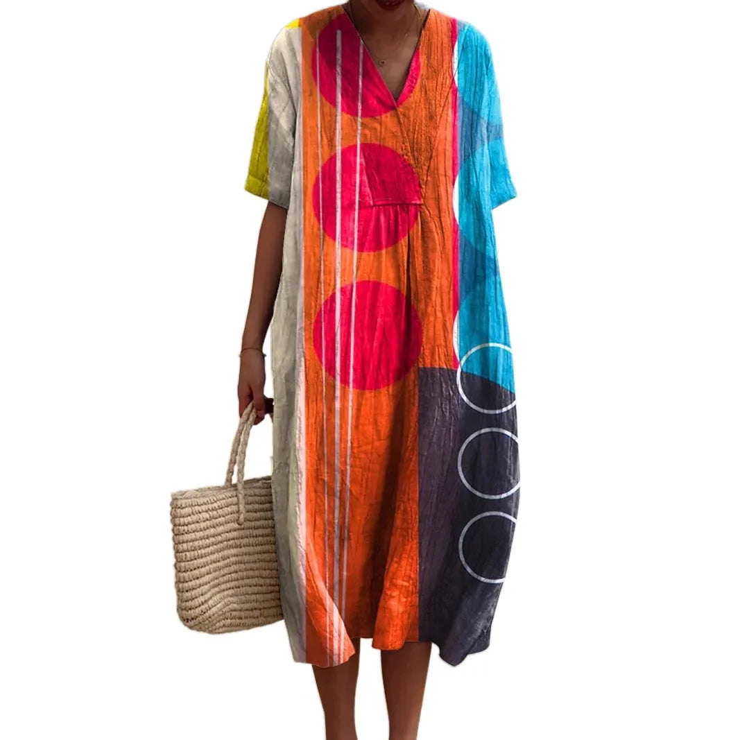 Dames Lange Jurk V-hals Korte Mouwen Gestreept Kleurblok Polyester 4