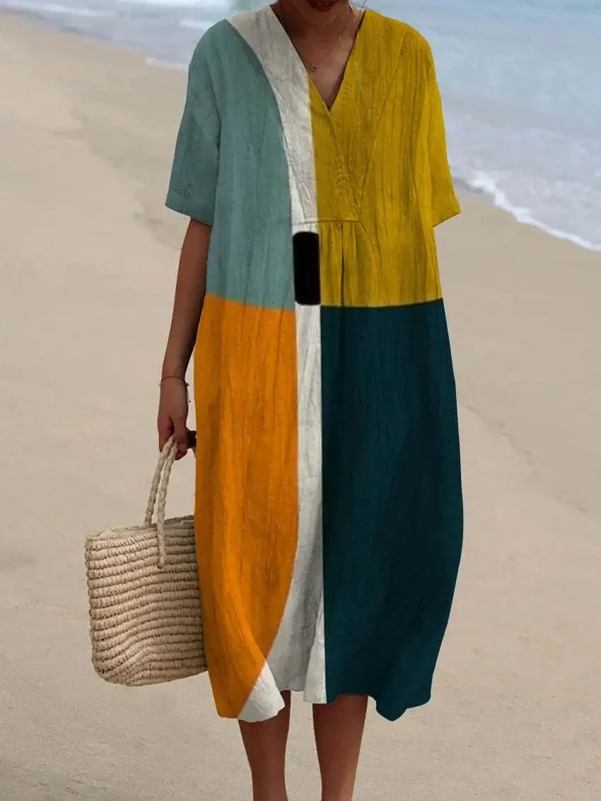 Dames Lange Jurk V-hals Korte Mouwen Gestreept Kleurblok Polyester 7