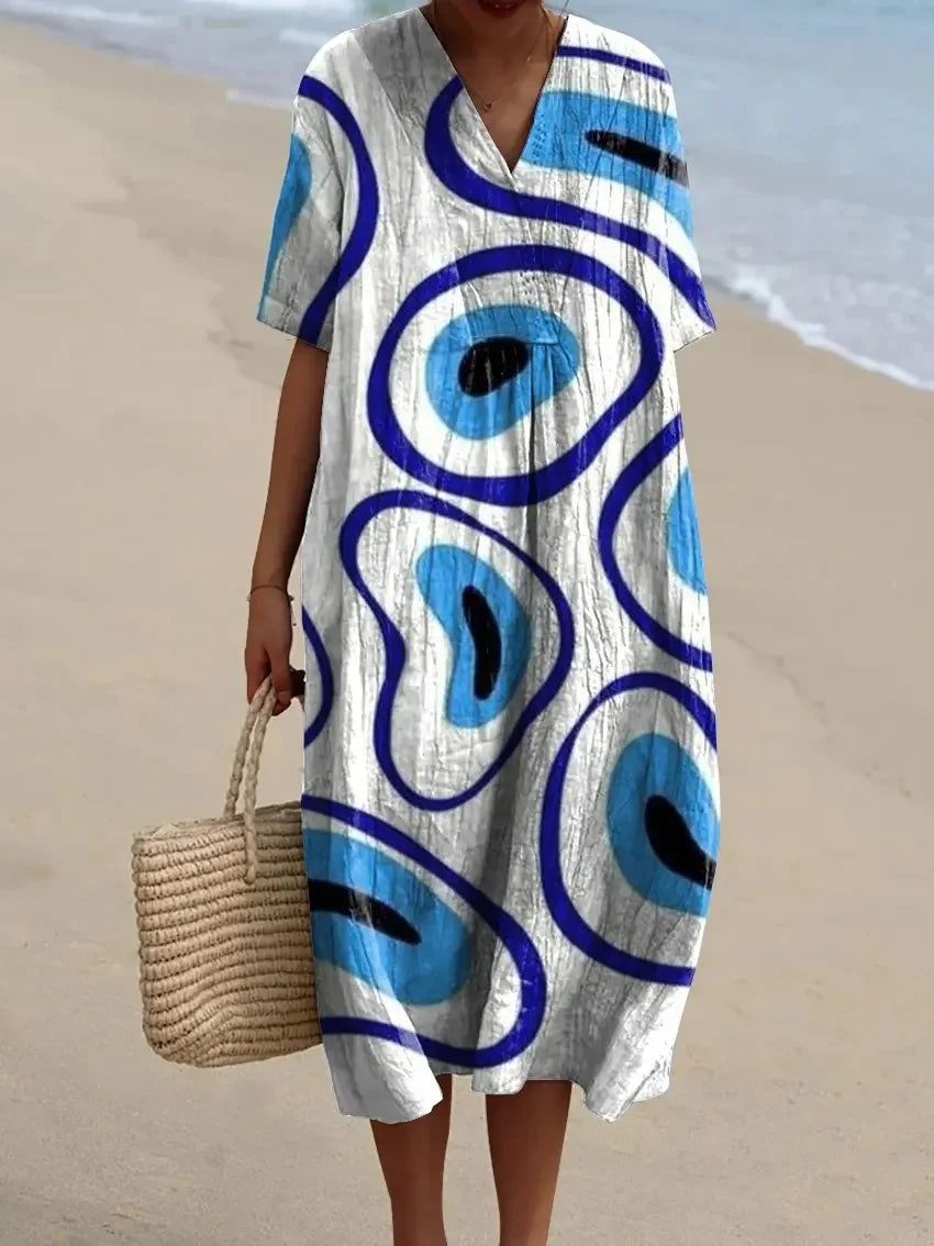 Dames Lange Jurk V-hals Korte Mouwen Gestreept Kleurblok Polyester 9