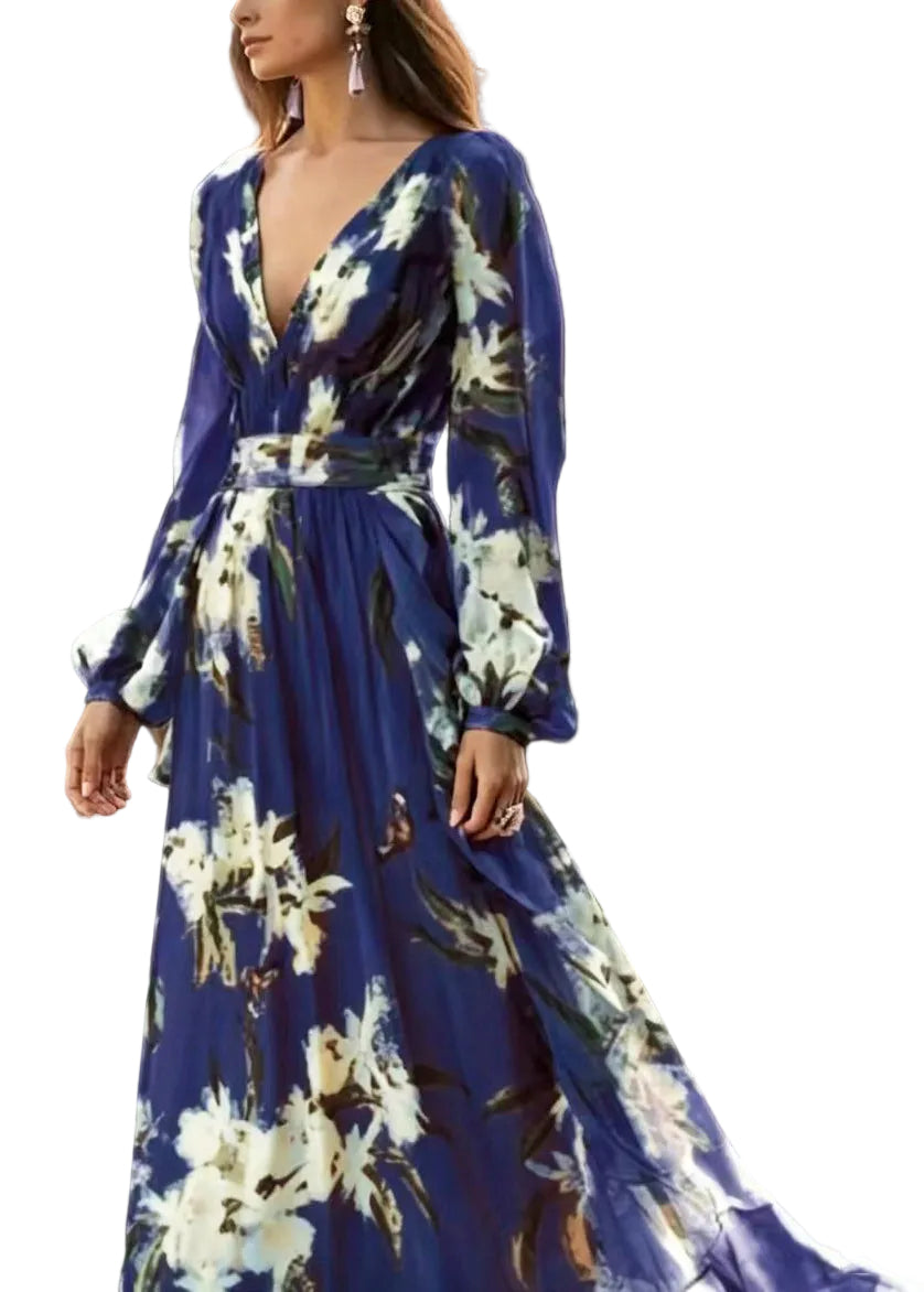 Dames Lange Jurk V-hals Met Grote Zoom Print Zomerstijl 0