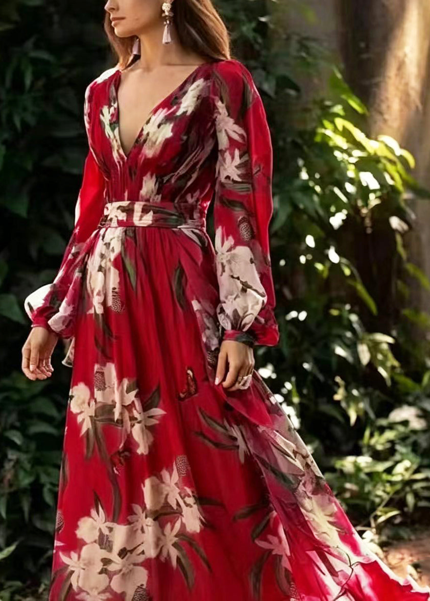 Dames Lange Jurk V-hals Met Grote Zoom Print Zomerstijl 2