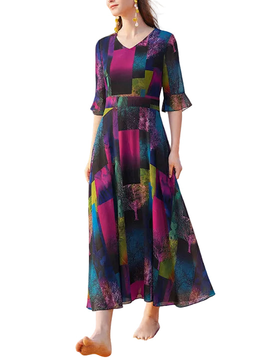 Dames Lange Jurk V-hals Patchwork Print 0
