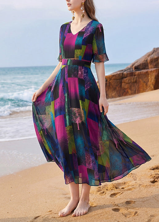 Dames Lange Jurk V-hals Patchwork Print 1