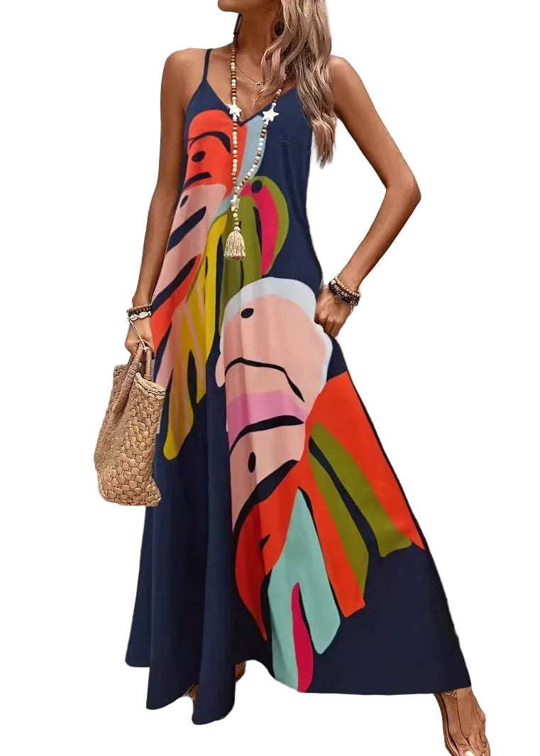 Dames Lange Jurk V-hals Spaghetti Bandjes Zomerstijl 0