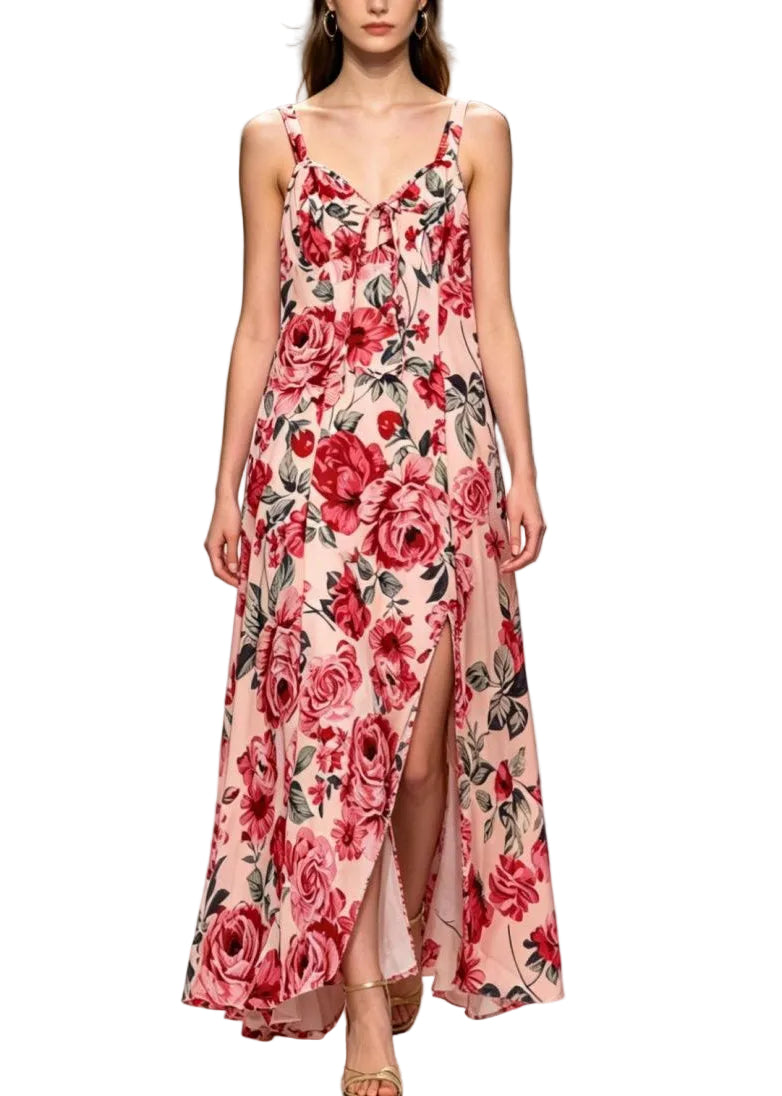 Dames Lange Jurk V-hals Spaghettibandjes Met Taille Strik 0
