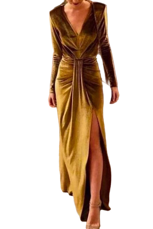 Dames Lange Jurk met Diepe V-hals en Ruches voor Avondgebeurtenissen 0