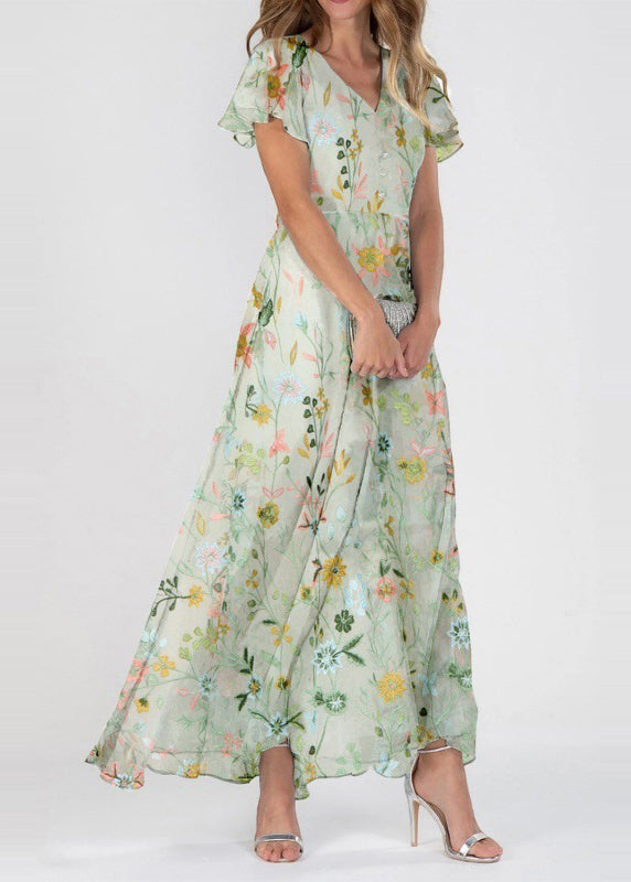 Dames Lange Jurk met V-hals en Zomerprint 0