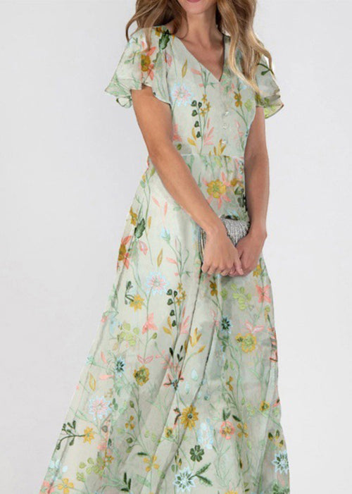 Dames Lange Jurk met V-hals en Zomerprint 1