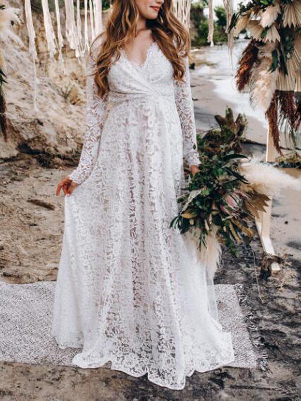 Dames Lange Maxi Jurk V-hals Rugloos met Lange Mouwen voor Bruiloft en Zomerfeest 0