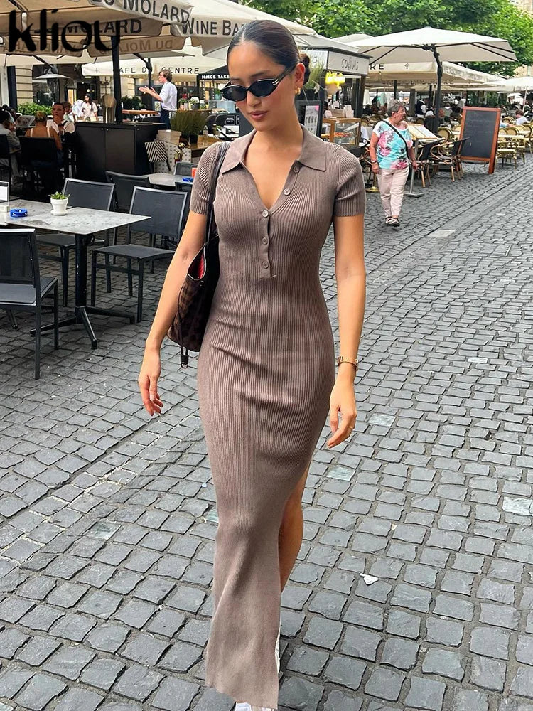 Dames Lange Maxi Jurk met Korte Mouwen en Zijsplit 1