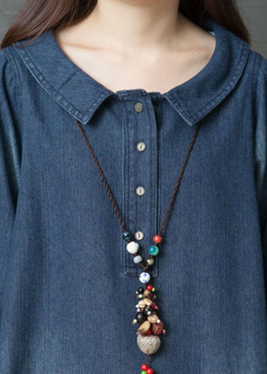 Dames Lange Mouw Denim Jurk met PeterPan Kraag en Zakjes 4