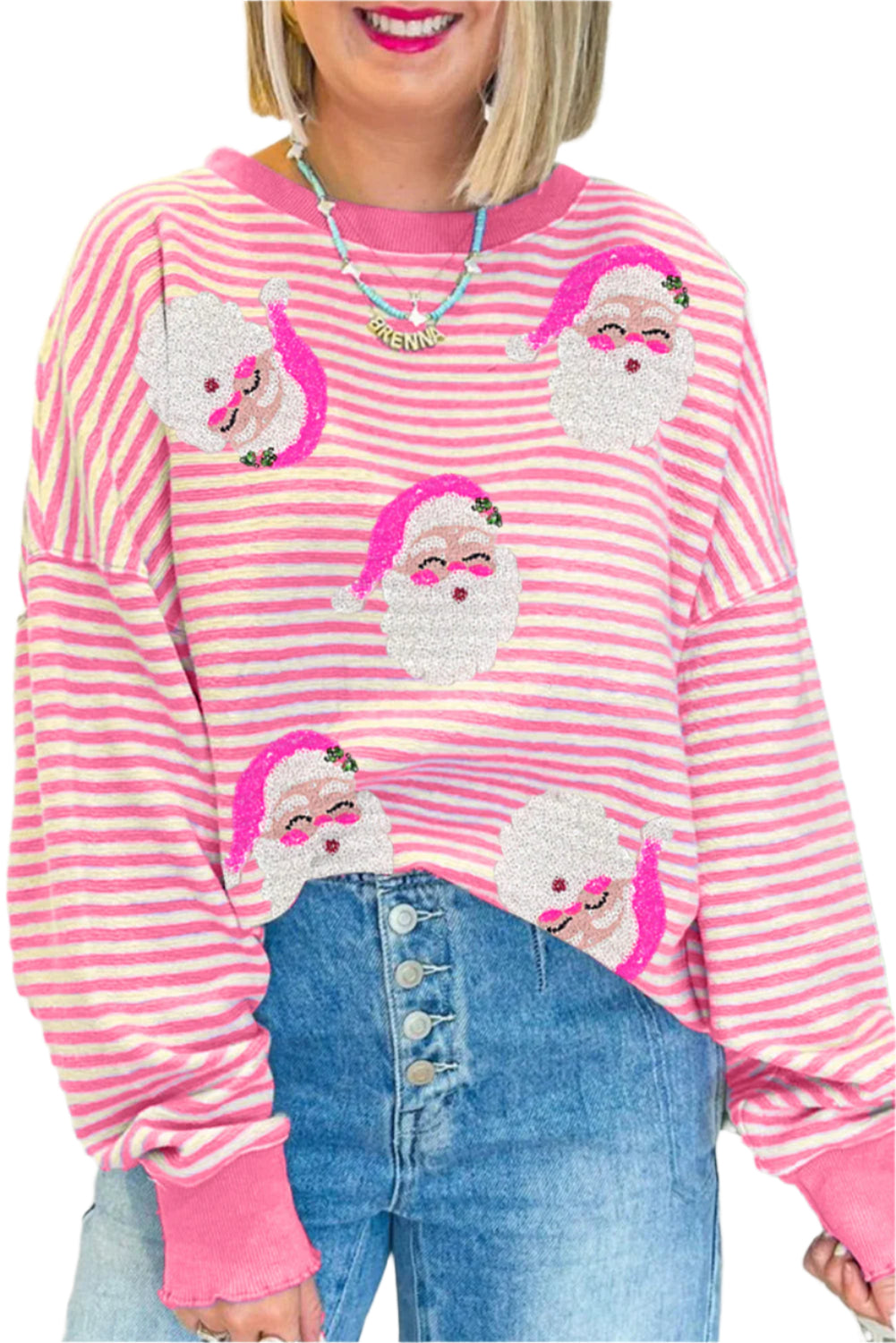 Dames Lange Mouw Top met Santa Claus Print en Roze Strepen 0