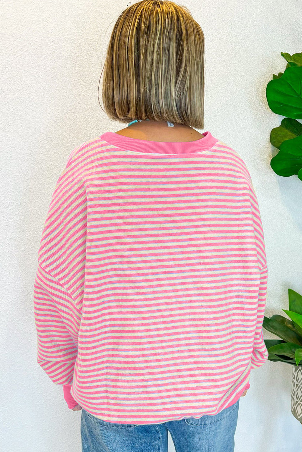 Dames Lange Mouw Top met Santa Claus Print en Roze Strepen 1